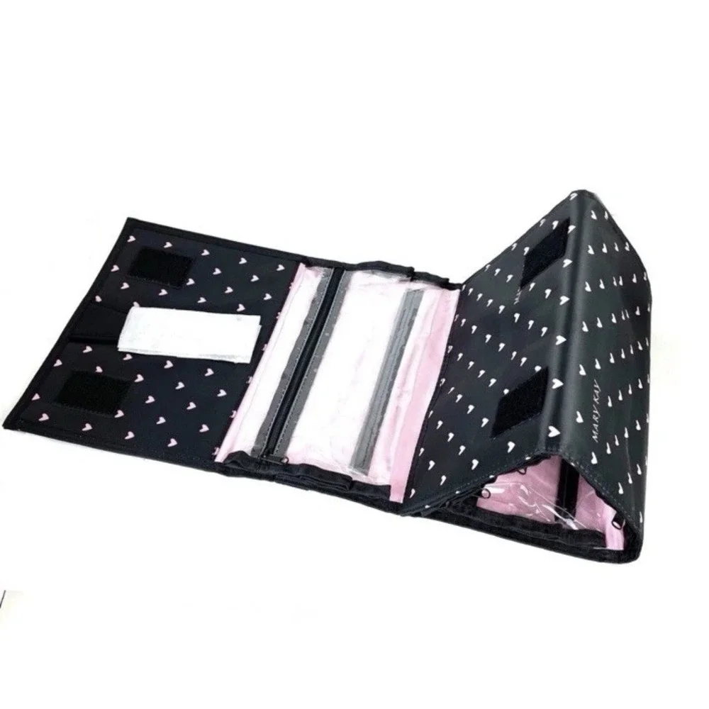 Mary Kay Travel Roll Up Bag Black Pink Heart Print Cosmetic Organizer New